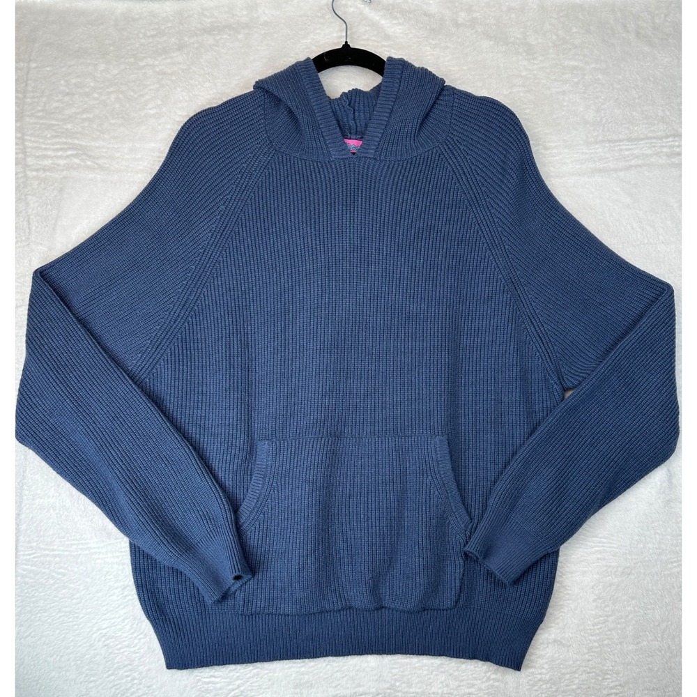 Edikted Ribbed Knit Hoodie Womens M Blue Y2K Kangaroo Pocket Sweater